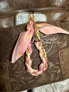Gold Chain & Pink Silk Scarf Phone Wristlet with Eiffel Tower Accent